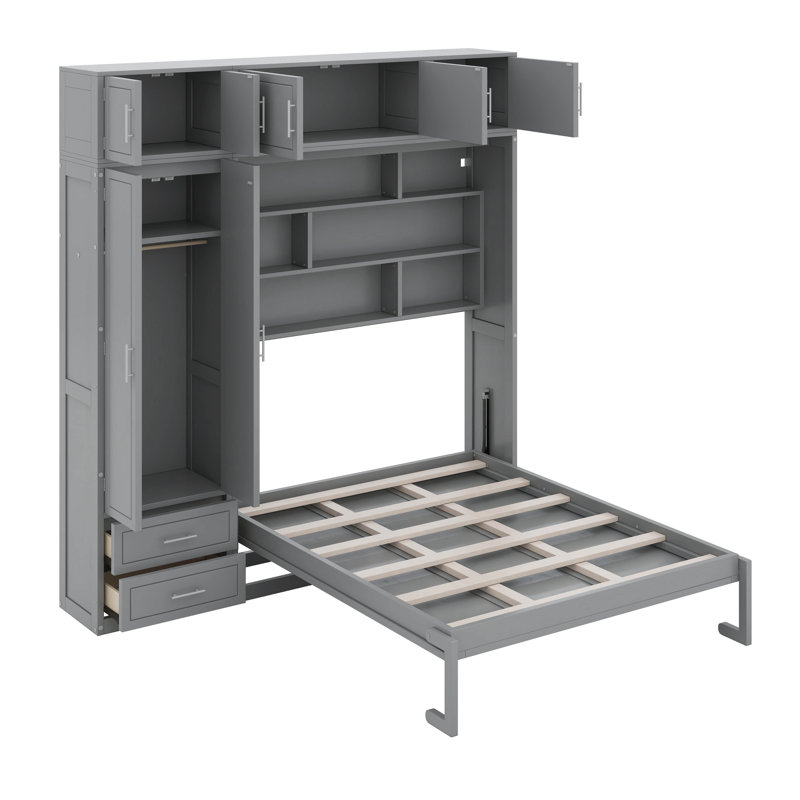 Grand lit escamotable mural avec armoire supérieure, tablettes de rangement et garde-robe, Gris