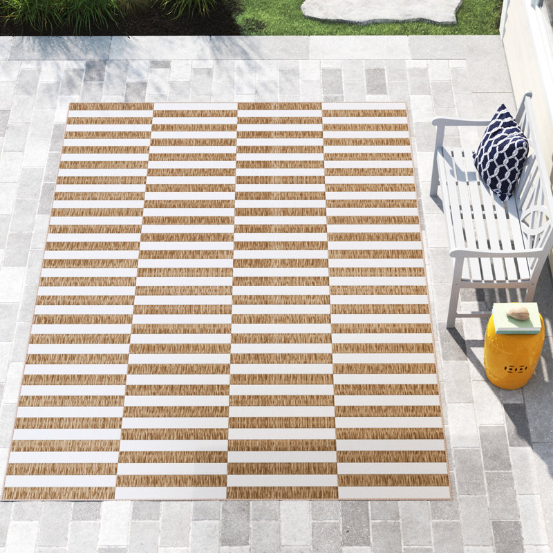 Robinson Striped Indoor / Outdoor Area Rug in Taupe/Ivory, Rectangle 7'10" x 10'