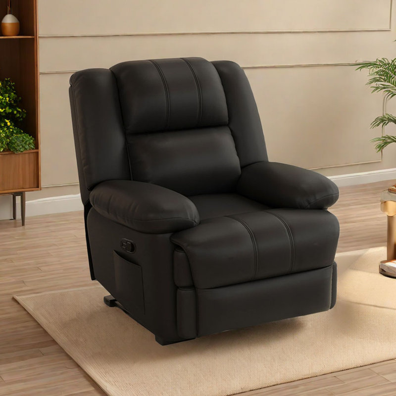 Minisha Faux Leather Swivel Recliner, Black Faux Leather