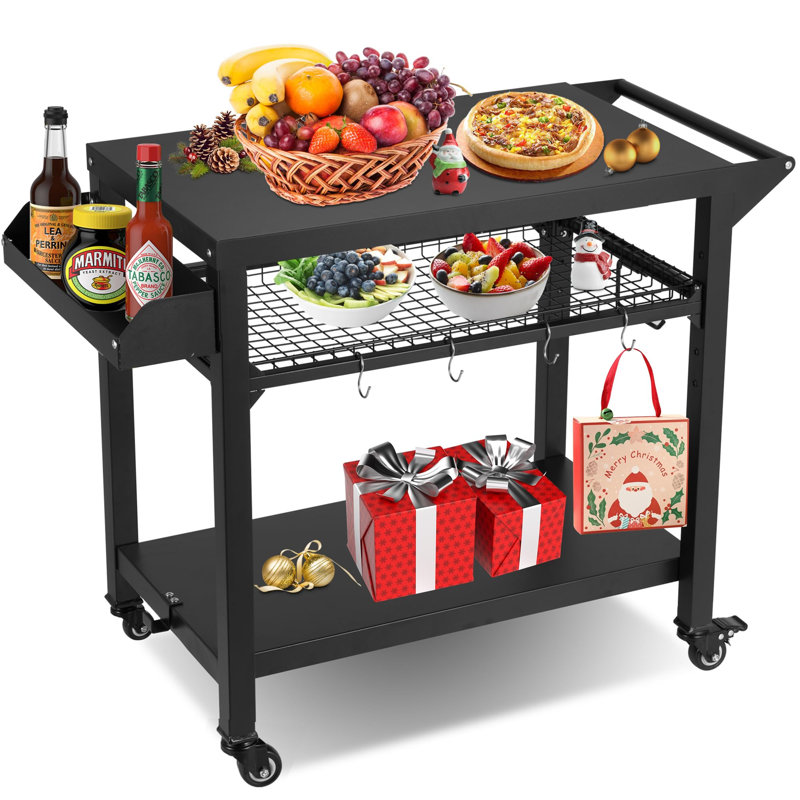 Grill Cart, Pizza Oven Stand Table With Wheels, Outdoor Movable Kitchen Cooking Prep Table Bbq Cart With Mesh Racks For Home Party, Bar, Camping
