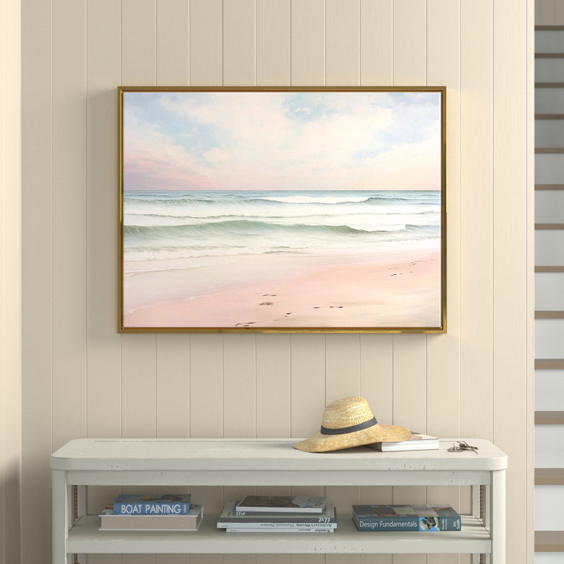 «Ocean Tranquility Tender Pink Pastel Sunrise I - Coastal Beach», art mural, H 16 po x l 32 po, Brun