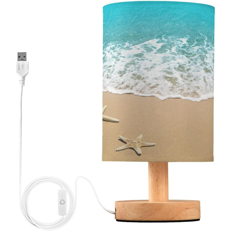 Seaside Beach Bedside Table Lamp For Bedroom Nightstand, Small Eye Care LED Desk Reading Lamp USB Port Wood Base Round Flaxen Fabric Shade For For Kids Room Living Room Office Desk