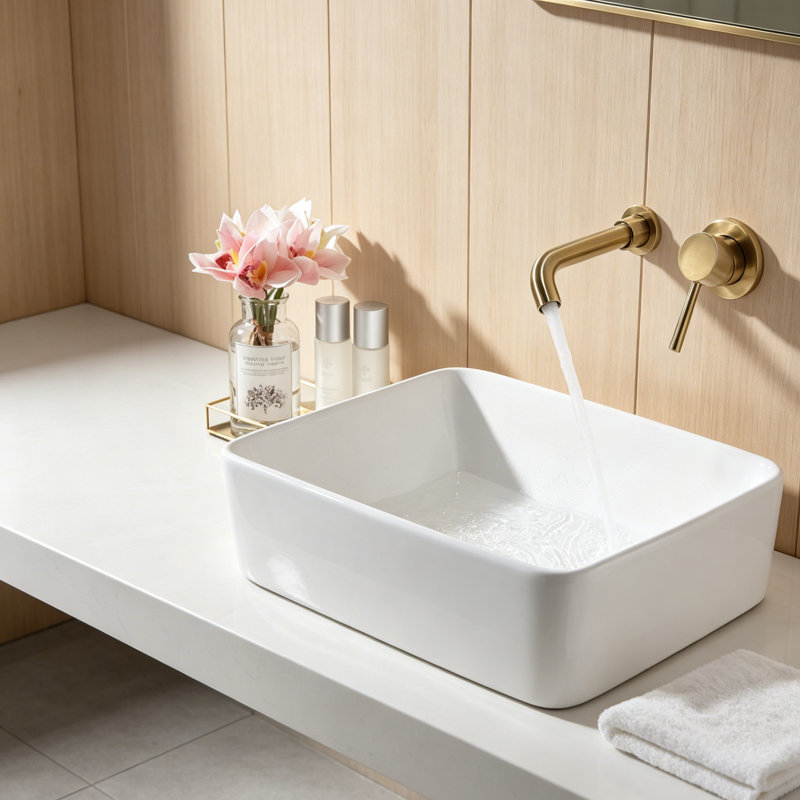 Wall Mounted Bathroom Sink Single Lever Handle Faucet With Pop-Up Drain (No Overflow), Brushed Gold