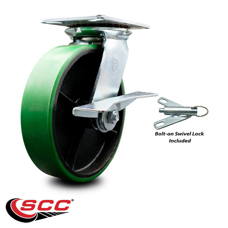 Roulettes en poly 8 po avec roulement à rouleaux et frein / verrou pivotant 8 po, Vert