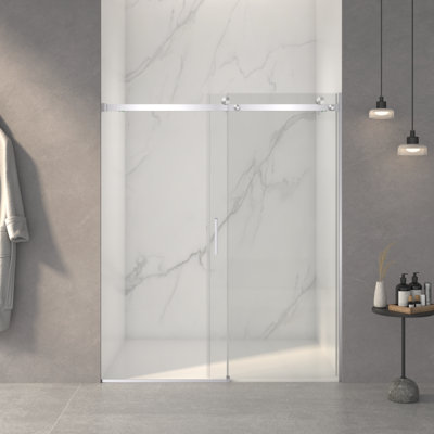 Porte de douche coulissante sans cadre l 5660 po x H 72 po, verre trempé clair de 5/16 po (8 mm) de large épaisseur, couche facile à nettoyer à double face, finition nickel brossé avec tampon