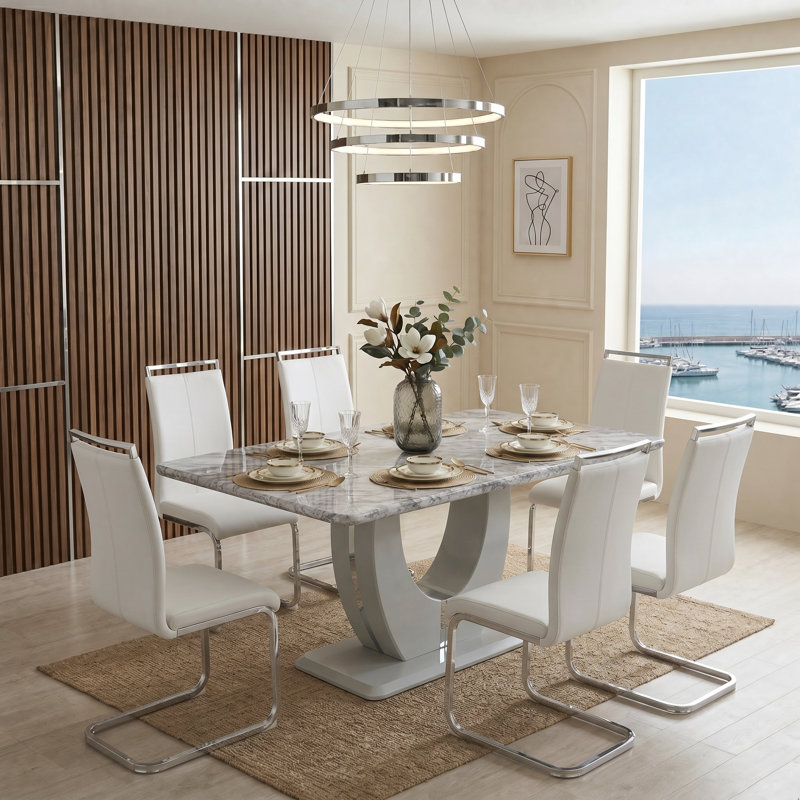 Modern 7-Piece Dining Set With Faux Marble Tabletop And 6 Upholstered C-Frame PU Leather Chairs, White, Gray