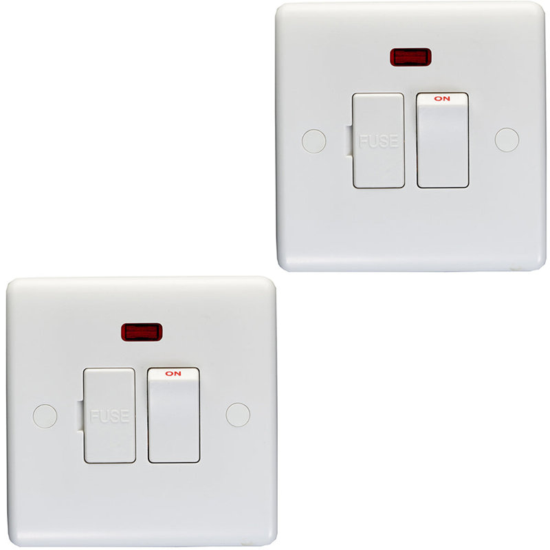 2 PACK 13A Switched Fuse Spur & Neon WHITE Mains Isolation Appliance Wall Plate