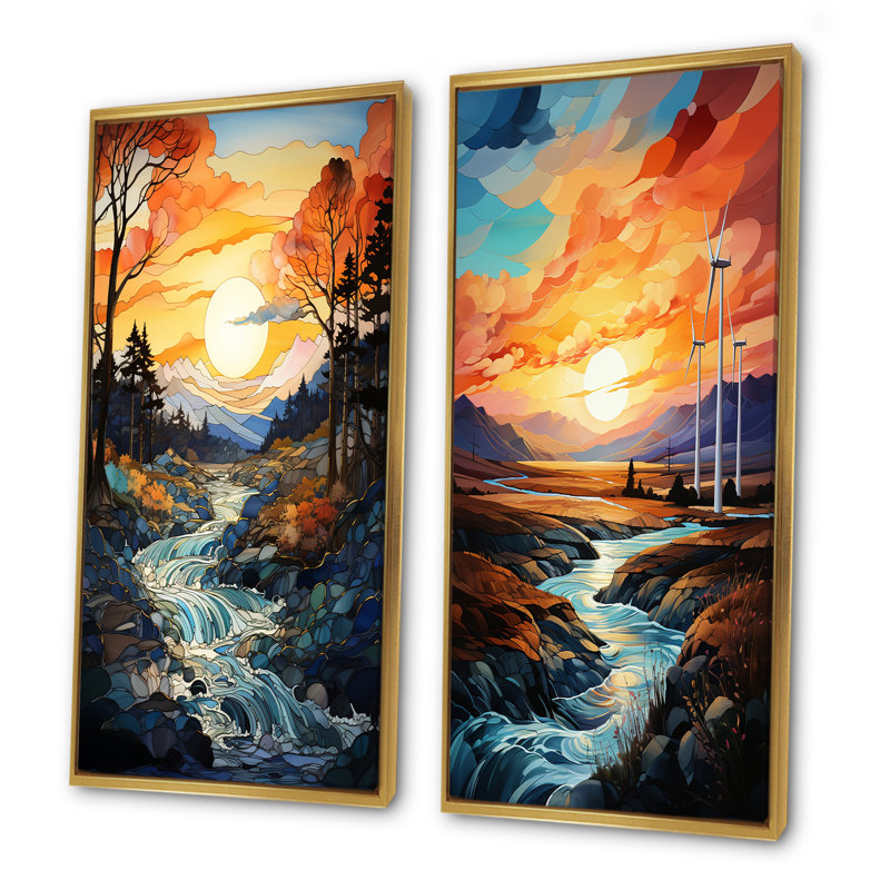 Wind Turbines Sunrise Valley - Ensemble de 2 reproductions d'art mural, Encadrement doré, H 32 po x l 33 po