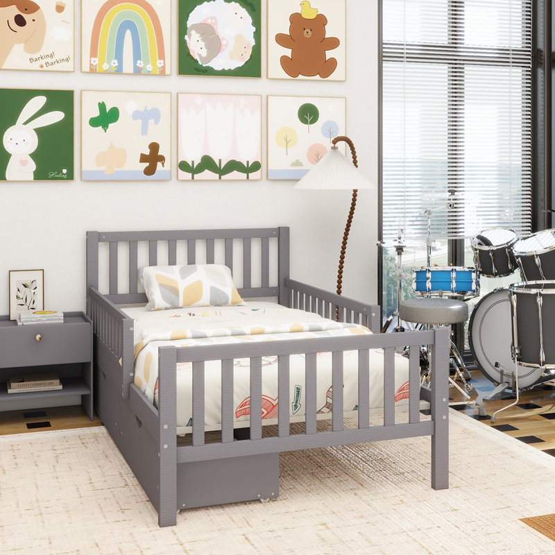 Wood Platform Bed With Guardrails On Both Sides And Two Storage Drawers,, Grey, Twin