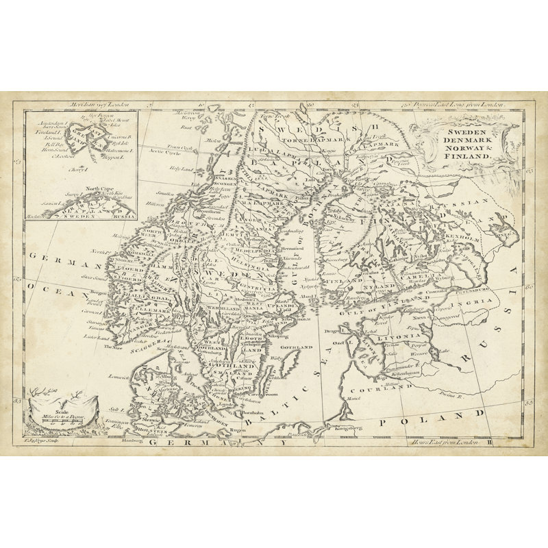 Map Of Sweden & Denmark 1 Piece Wrapped Canvas Wall Art, 81cm H x 122cm W x 3.8cm D