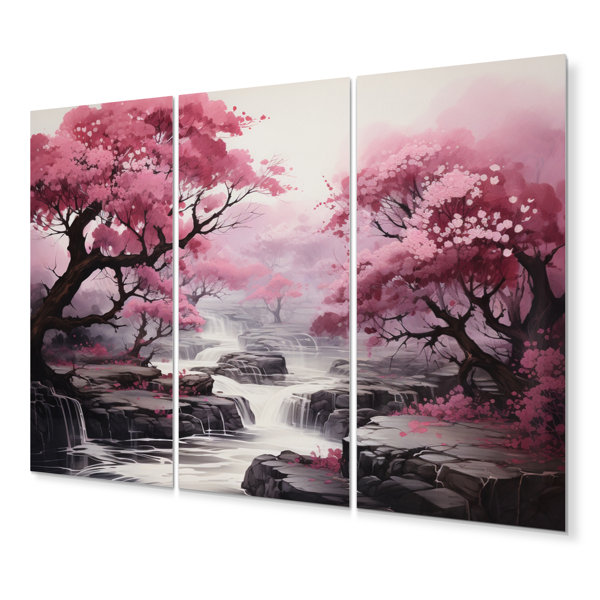 DesignArt Pink Trees Waterfall Endless Journey Metal Landscape & Nature ...