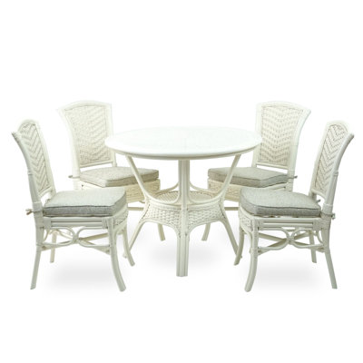 Ensemble de 4 chaises d'appoint Alexa avec coussin et table de salle à manger ronde en osier de rotin naturel fait à la main