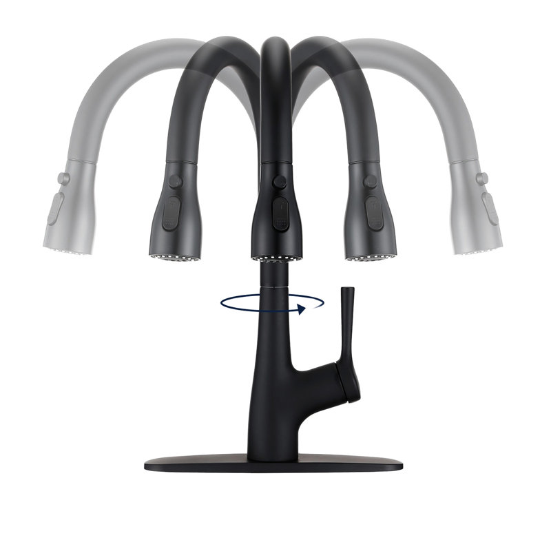 Rust Matte Black Kitchen Tap With Ceramic Valve And 15.87" Overall Height For Flats Scratch Faucet Sink Swivel Spout Three Functions
