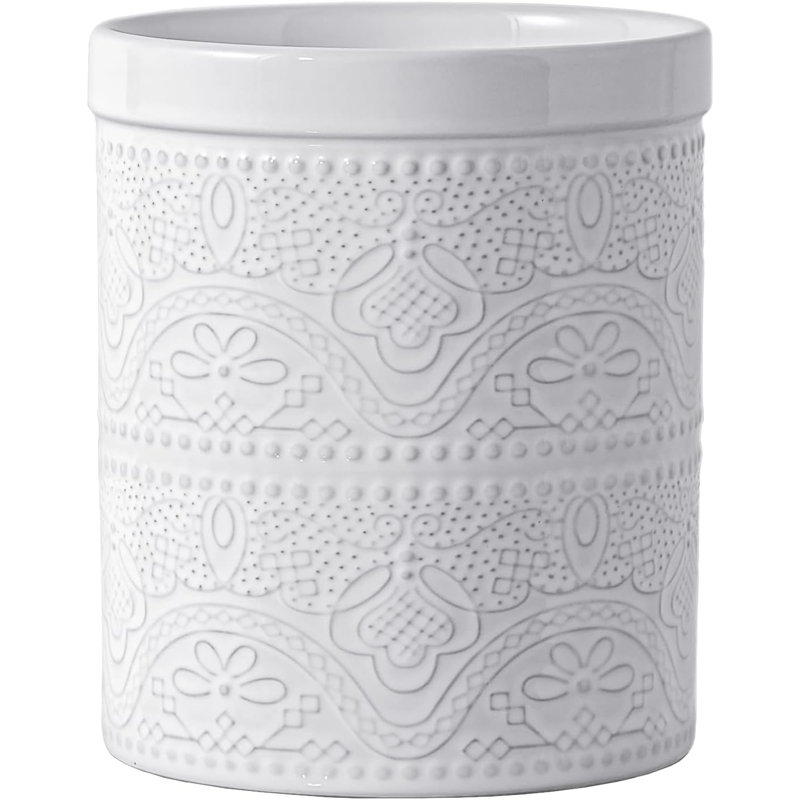 Porte-ustensiles de cuisine, porte-ustensiles super grand et stable en céramique embossée en céramique 7,2 po pour comptoir de cuisine (blanc éclatant)