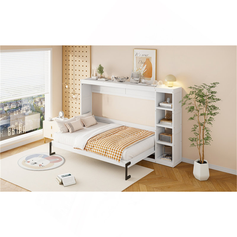 Lit escamotable double avec bibliothèque, Lit double, Blanc