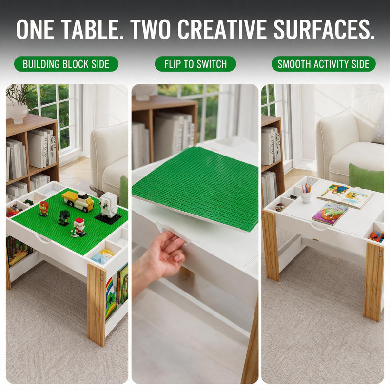 Table d'activités pour enfants, table de jeu en bois 3 en 1 avec surface réversible pour blocs de construction, compartiments de rangement, naturel et blanc