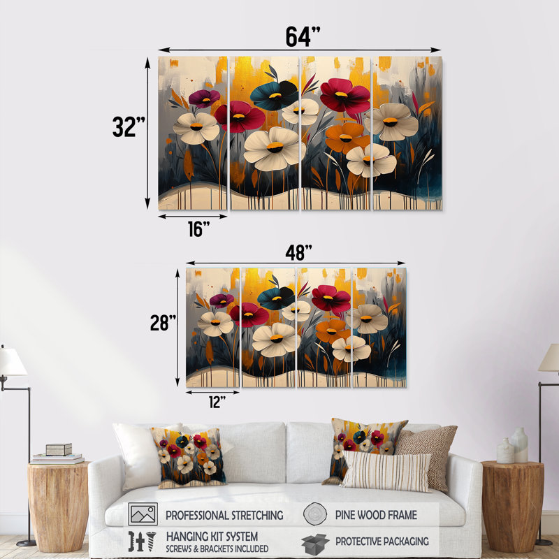 Fleurs rouges rouges et bleuet - Art mural de bleuet - Art mural traditionnel pour le salon, H 28 po x l 48 po, 4