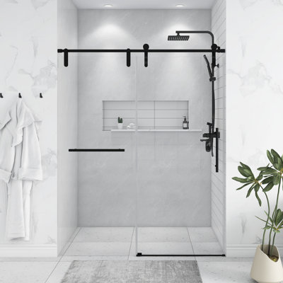 Portes de douche coulissantes simples sans cadre de 56 à 60 po x H 76 po de couleur noir mat, avec porte-serviettes et poignée auxiliaire, porte en verre trempé épais de 5/16 po (8 mm), sans fermeture en douceur