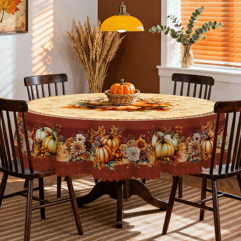 Golden Pumpkin Design Machine-Washable Polyester Tablecloth