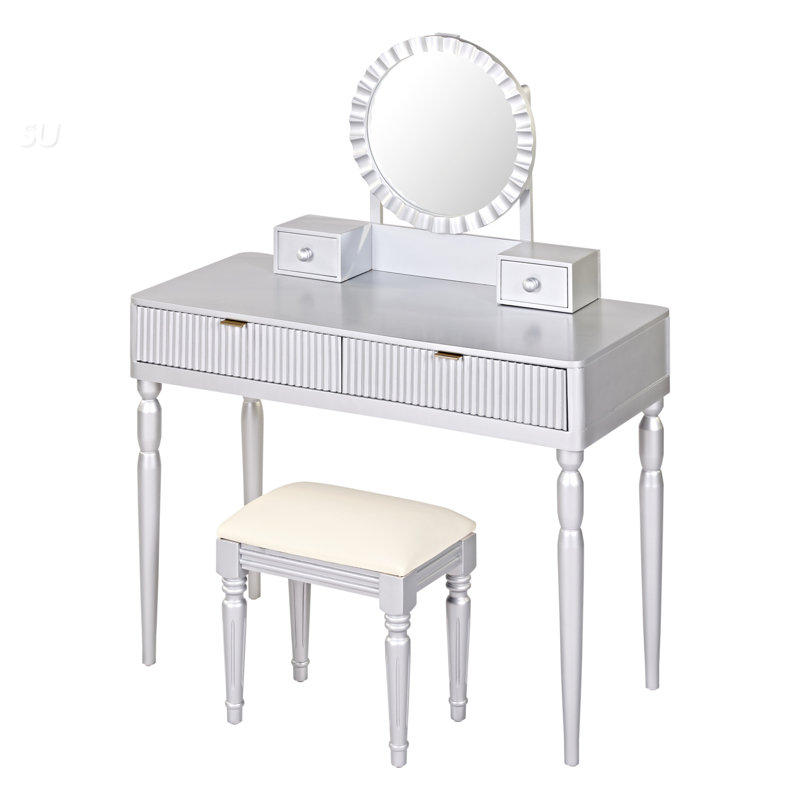 Gault Makeup Vanity with Sunflower Mirror, 4 Drawers & Upholstered Stool, Silver
