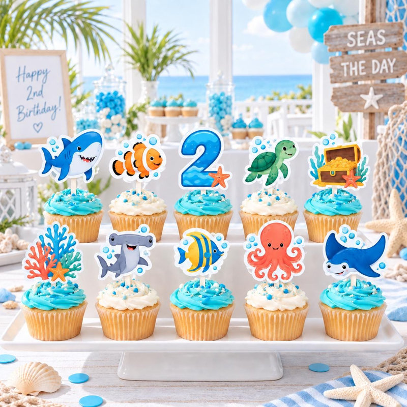 Décorations pour petits gâteaux Petits Requins, Pics en carton personnalisés pour anniversaire sur le thème de l'océan, Décorations pour une fête sur le thème des requins (Âge : 4)