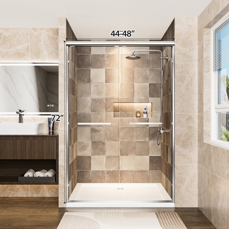 Aluminum Frame Double Sliding Shower Door, 72" H, 48" W, 1/4"  6Mm  Tempered Glass With Film, Stainless Steel Handles, Adjustable And Easy To Install In Bathroom Clear - Breakage Reversible Width For