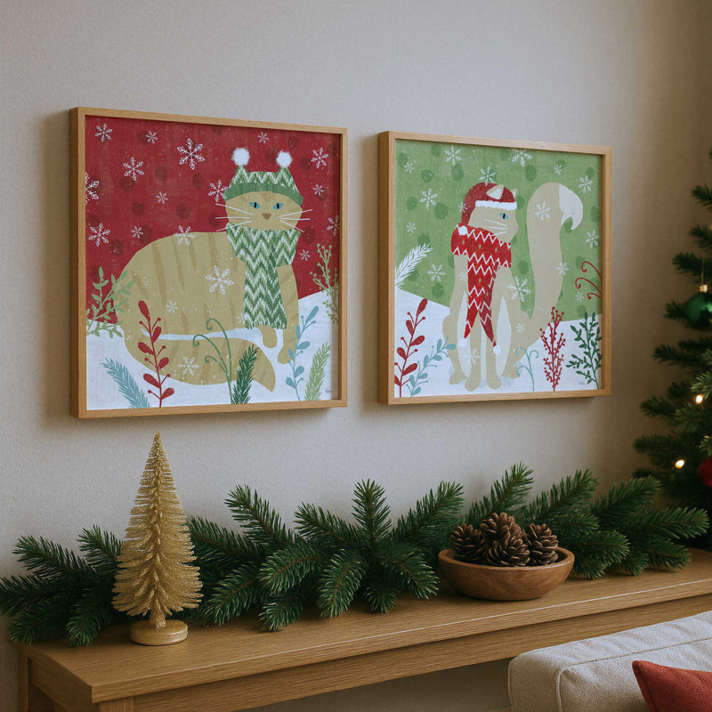 Cozy Christmas Kitty, ensemble de 2 reproductions d'art, 20 po x 20 po, Blanc opaque
