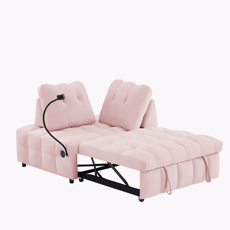 Canapé-lit moderne en velours avec dossier amovible amovible, port USB et support pour téléphone pivotant, Rose