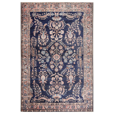 Lindauer Machine Washable Boho Floral Powerloomed Rug in Navy/Blush