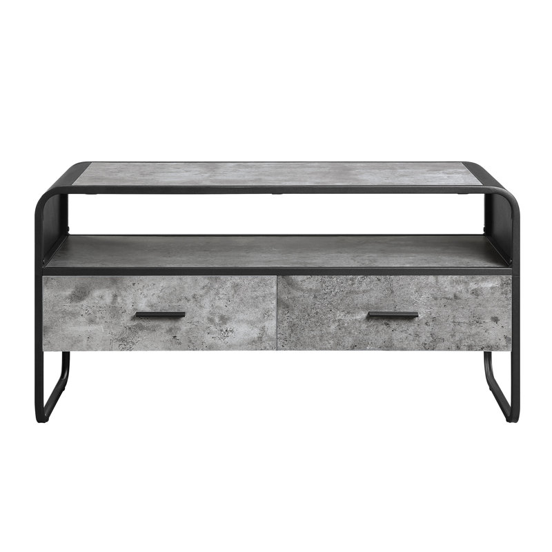 Meuble télé à finition béton gris et noir avec tiroir 1/2 extension et structure en métal pour petits téléviseurs de 39 po et 2 tiroirs de rangement