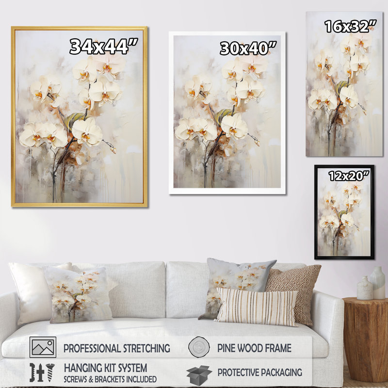 Orchidée beige et dorée en fleurs I, Cadre flottant blanc, H 32 po x l 24 po x P 1 po
