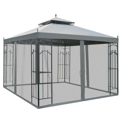 3 x 3m Grey Garden Gazebo with Netting, Double Tier Roof Steel Frame Patio Canopy Party Wedding Tent
