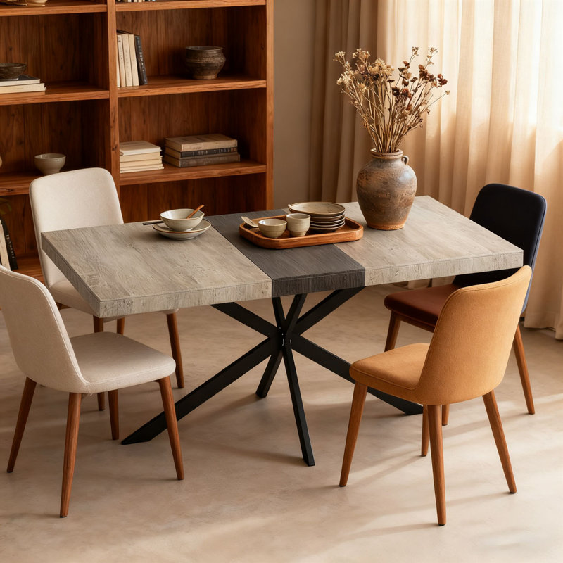 55.11'' -70.86"Retro Rectangular Grey Dining Table, Gray/Black