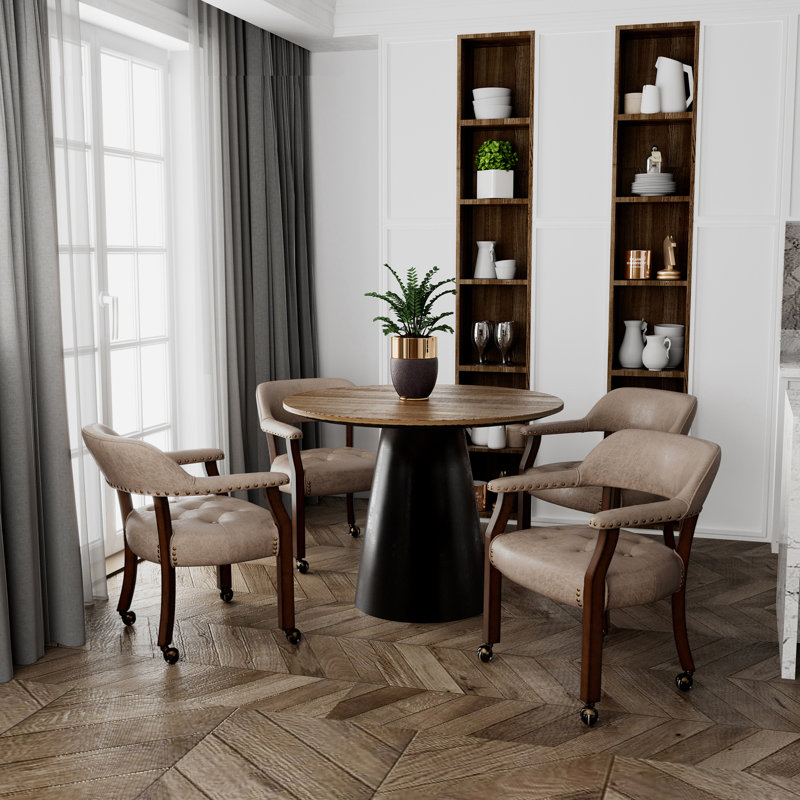 Swivel Tufted Dining Chairs With Casters And Arms, Light Brown, Espresso, 2