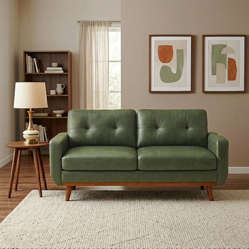 65-Inch Modern Minimalist Two-Seater Sofa, Featuring Breathable Polyester Fabric And Solid Wood Legs, Olive Green
