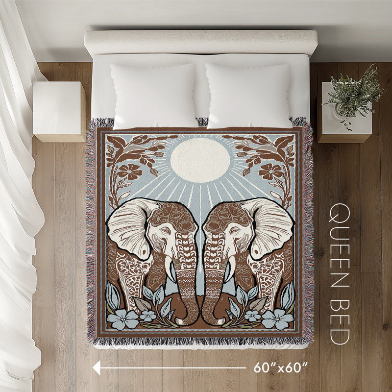 Jeté en mélange de coton Lim Elephant, Beige / bleu / blanc cassé, L 60 po x l 60 po