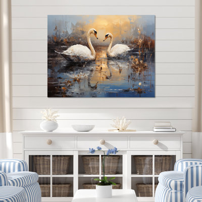 White Swans Harmony Moonlight Pond V - Art mural animaux cygnes