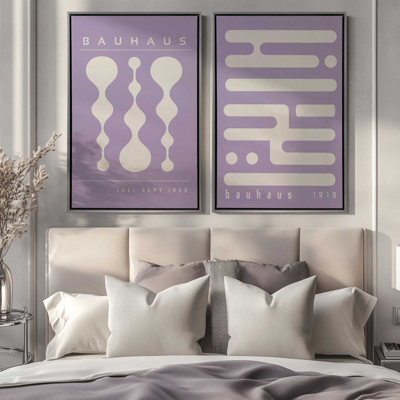 Ensemble rétro de 2 Bauhaus mauves rétro et circuiutry, Cadre flottant or poli, H 31 po x l 42 po