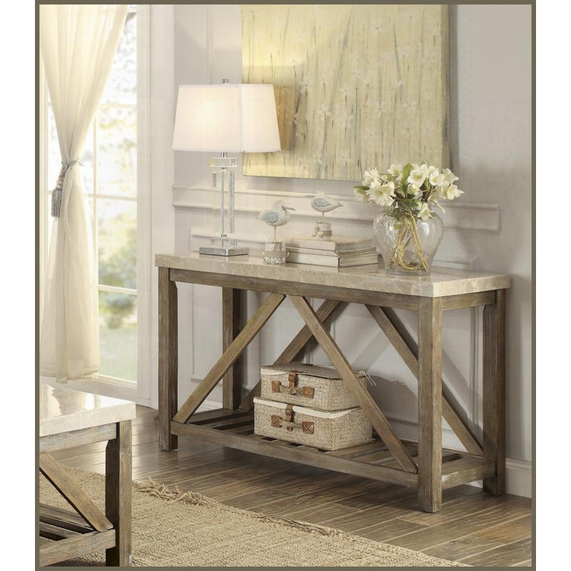 Table basse de salon en marbre blanc crème, base en bois patiné avec supports en angle, facile à nettoyer et amp; Peu encombrant
