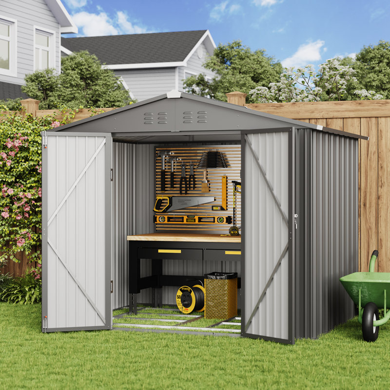 8 ft. L 6 ft. D Metal storage with frame and lockable door, Gris
