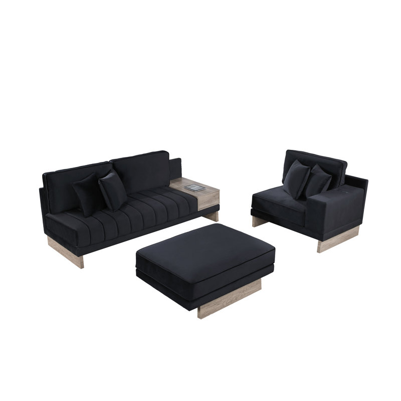 Boneless Memphis 122.5"W Black Velvet Reversible Sectional Sofa Ottoman with Storage Compartment, Drawer, USB ports, Charging Outlets
