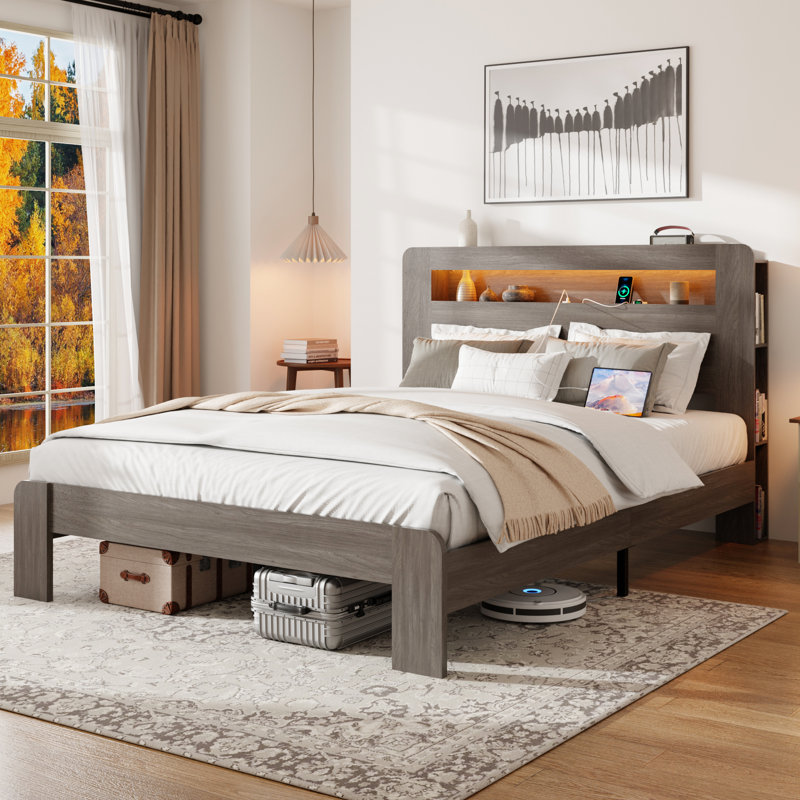 Bed Frame Queen Size, Wood Platform Bed, Storage Led - Enabled Headboard, 2 For Charging Gadgets, Noise Function, No Box Spring, Easy Assembly Task, Spacious Under Space Enhanced Accessories,