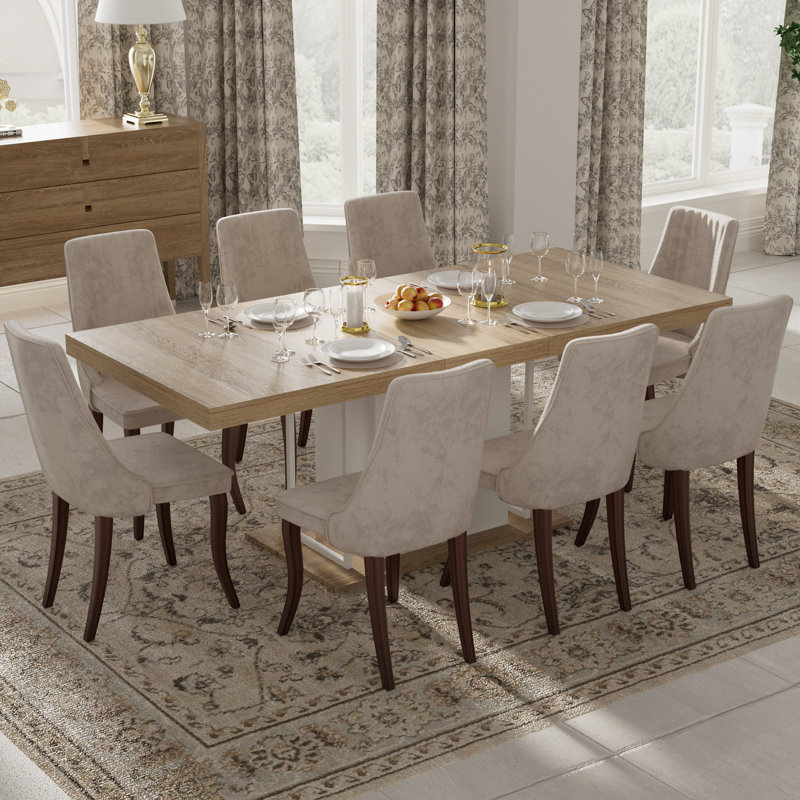 9 Pieces Modern Farmhouse Rectangle Dining Set with Mid-century High Back Dining Chair Set for 8, Natural/White, Beige
