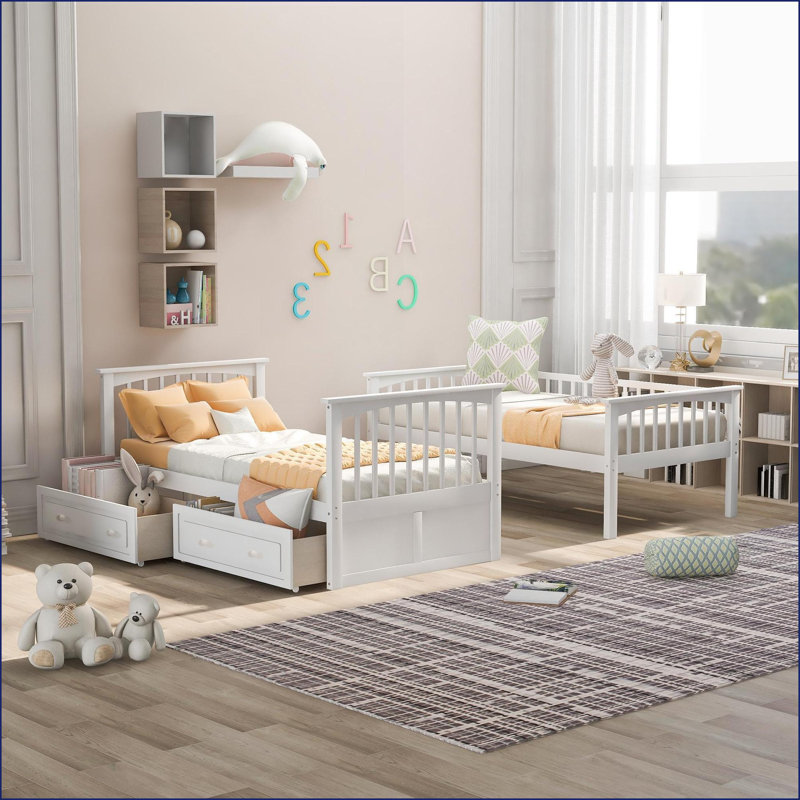 Twin Over Twin Solid Pine Wood Convertible Bunk Bed with Drawers - No Box Spring Needed, White for Guest/Second Bedroom, Twin