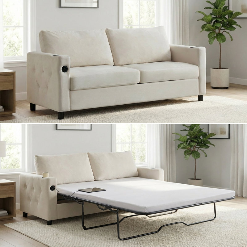  Queen Pull Out Sofa Bed – Memory Foam Mattress, USB & Cup Holders, Beige Velvet