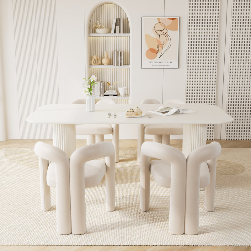 Modern Double Pedestal Dining Table Set, Beige, 5