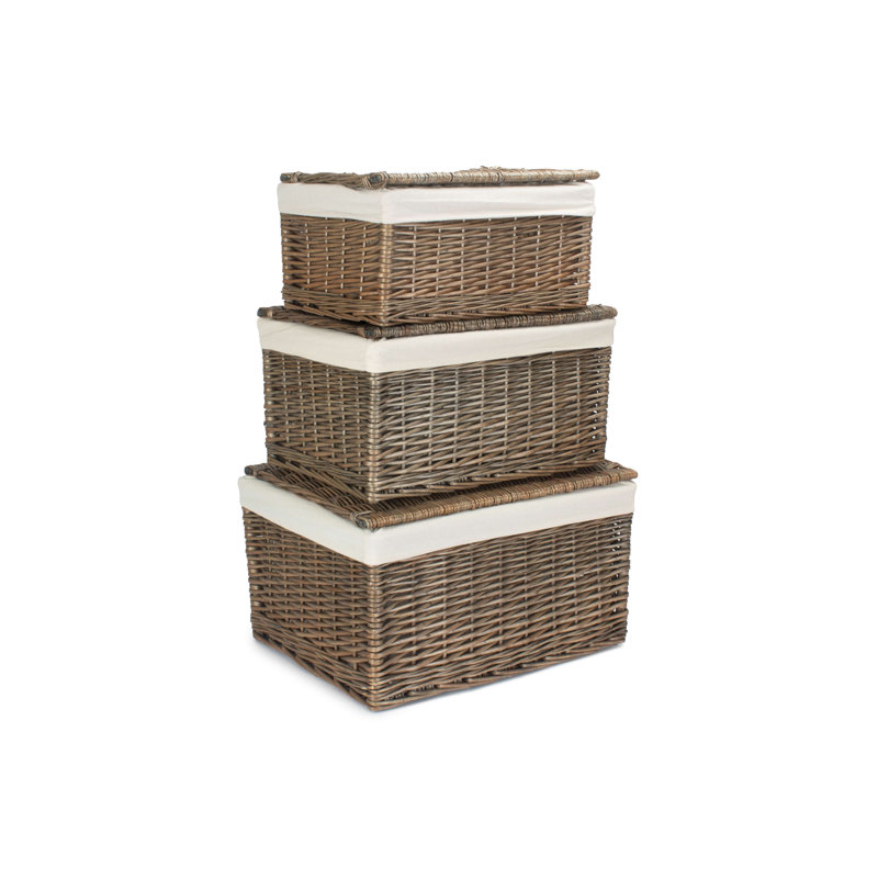 Wicker Lined 3 Piece Storage Hamper Set, Antique Wash