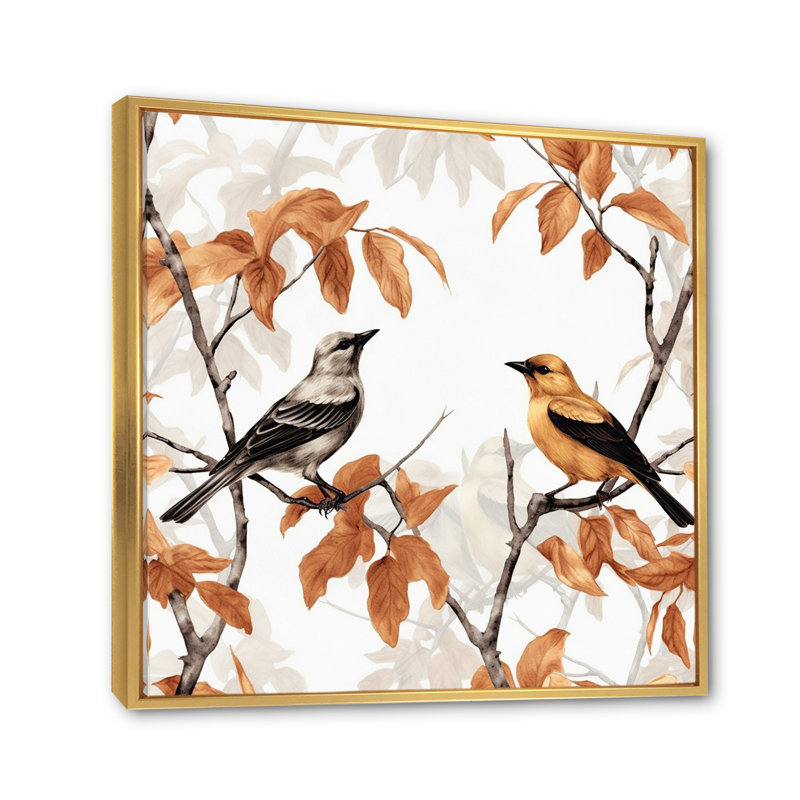 «Brown Birds On Trees I», reproduction d'art sur toile, Cadre flottant doré, 36" H x 36" W