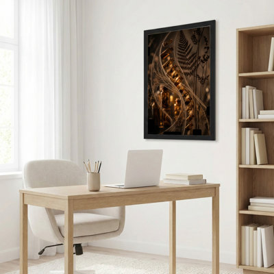 Art mural sur toile noir encadré pour le salon, la chambre à coucher, le bureau ou le vestibule - décoration murale décorative avec fougère dorée