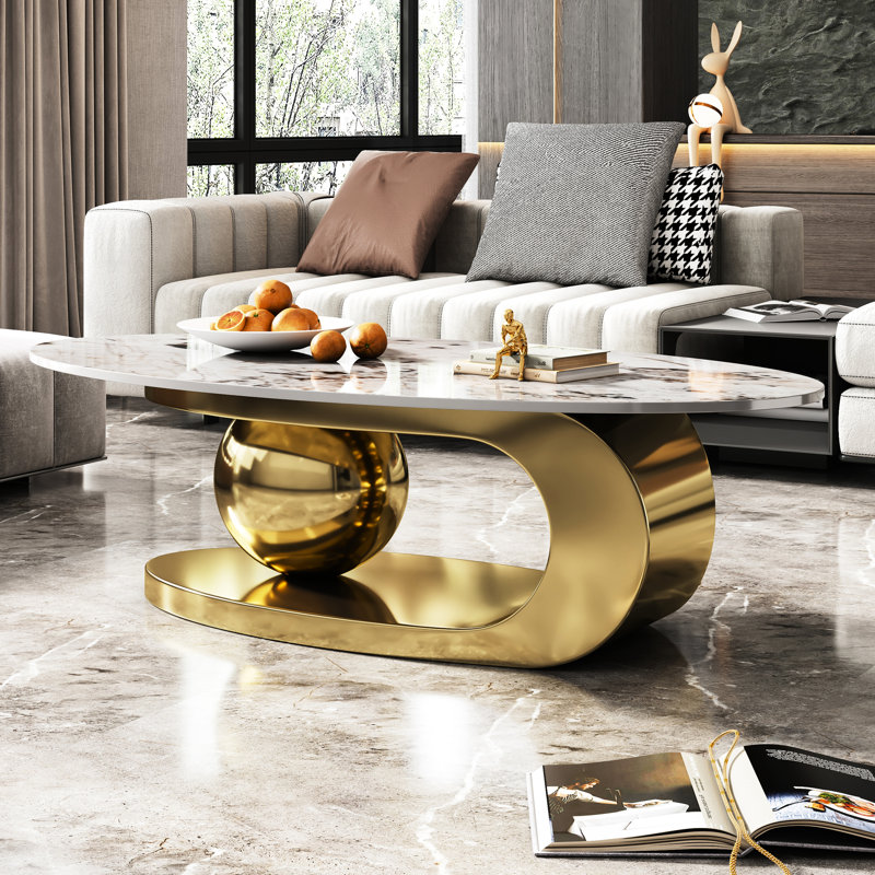 Table de salon ovale en faux marbre, 51 pouces de long, base basse en acier inoxydable stable, support unique
